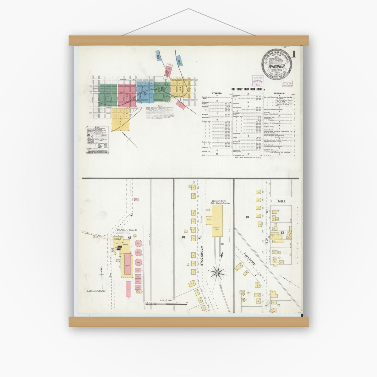 Old map wall art mockup — magnetic wood frame on white wall — Sanborn Fire Insurance Map from Windber, Somerset County, Pennsylvania (1904), Sheet #0001
