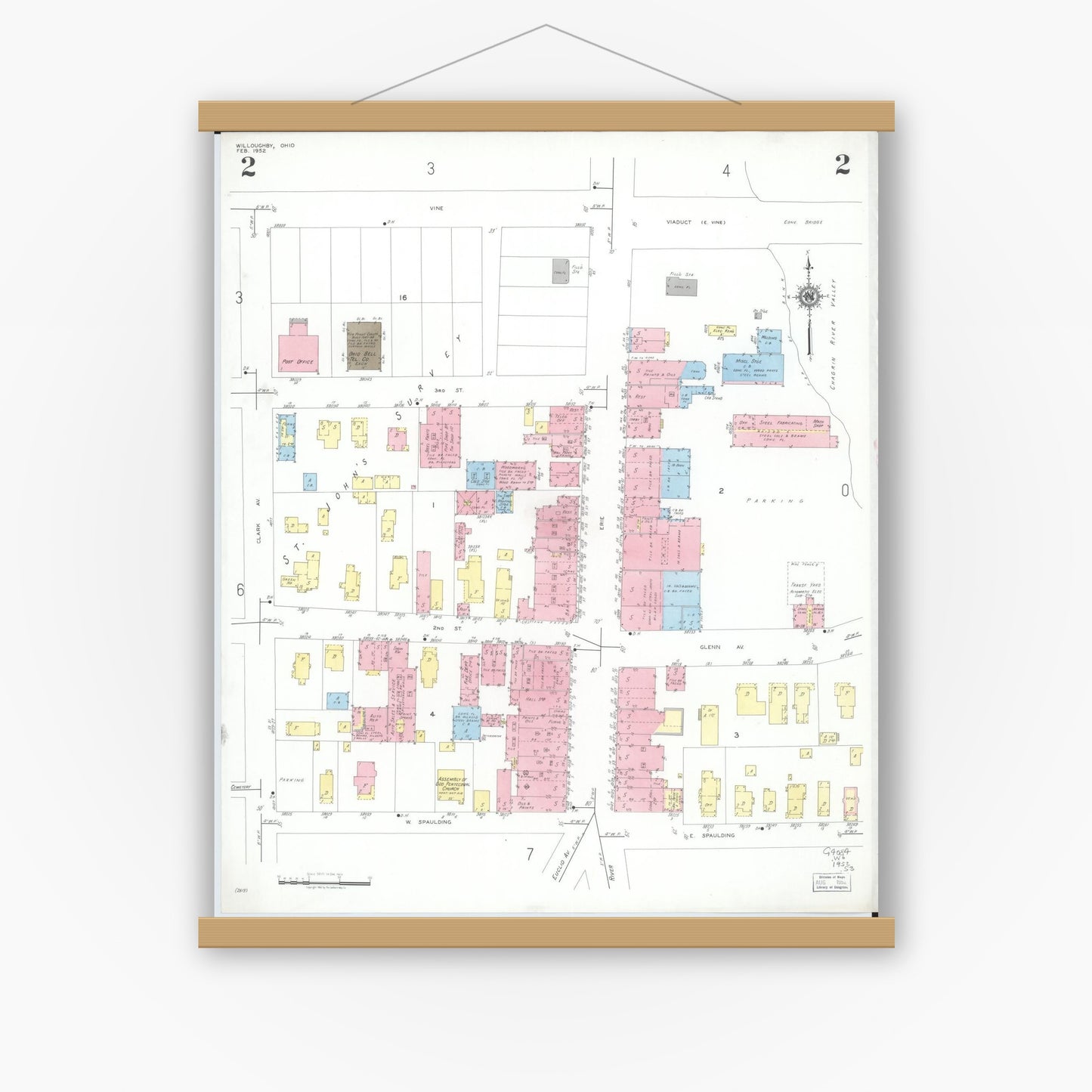 Old map wall art mockup — magnetic wood frame on white wall — Sanborn Fire Insurance Map from Willoughby, Lake County, Ohio (1952), Sheet #0002
