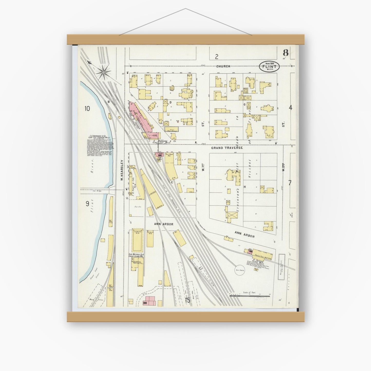 Old map wall art mockup — magnetic wood frame on white wall — Sanborn Fire Insurance Map from Flint, Genesee County, Michigan (1898), Sheet #0008