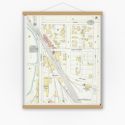Old map wall art mockup — magnetic wood frame on white wall — Sanborn Fire Insurance Map from Flint, Genesee County, Michigan (1898), Sheet #0008