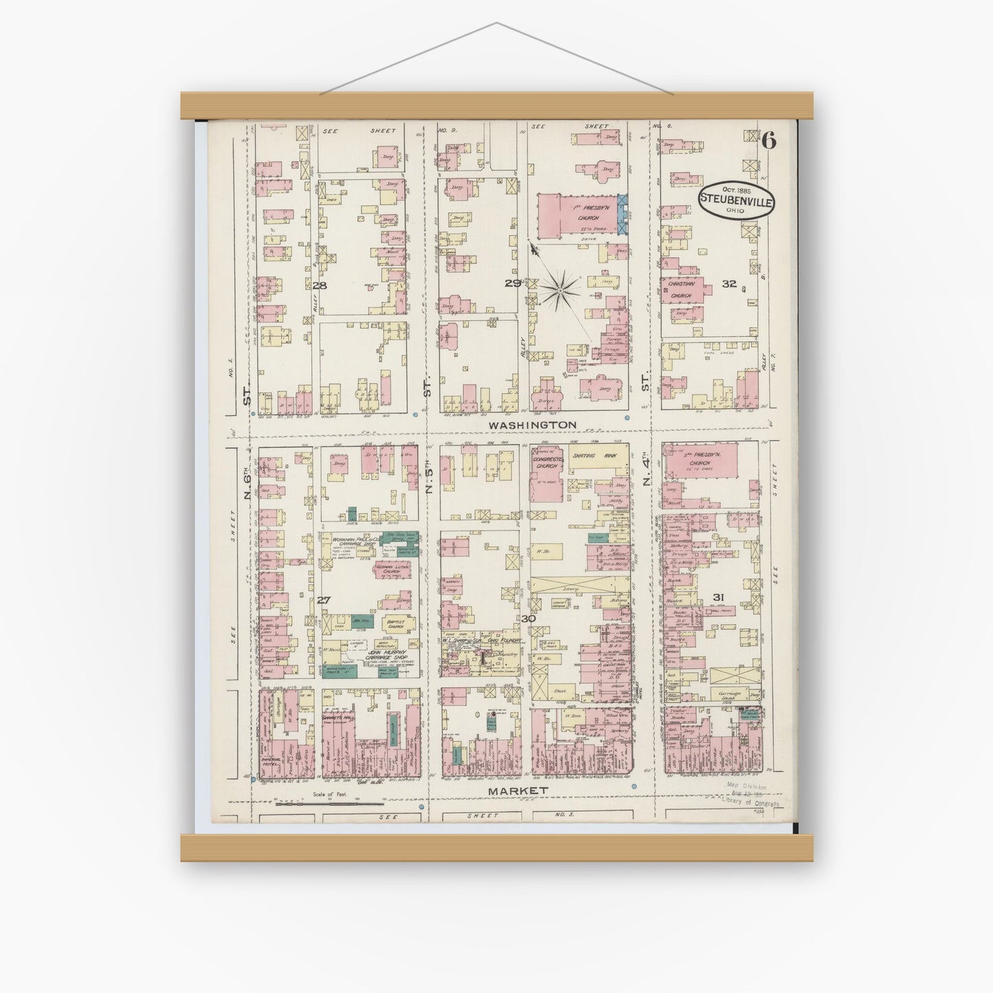 Old map wall art mockup — magnetic wood frame on white wall — Sanborn Fire Insurance Map from Steubenville, Jefferson County, Ohio (1885), Sheet #0006