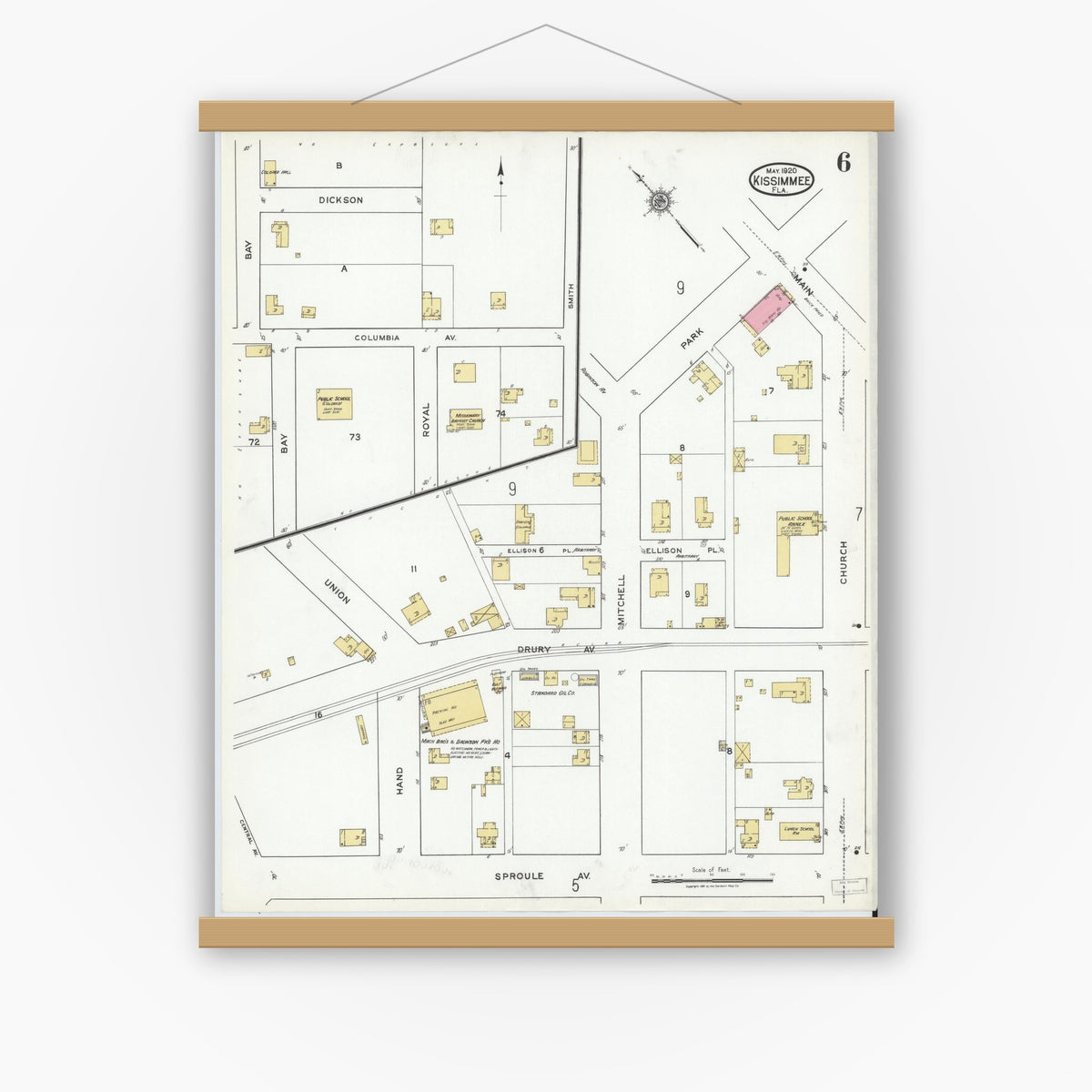 Old map wall art mockup — magnetic wood frame on white wall — Sanborn Fire Insurance Map from Kissimmee, Osceola County, Florida (1920), Sheet #0006
