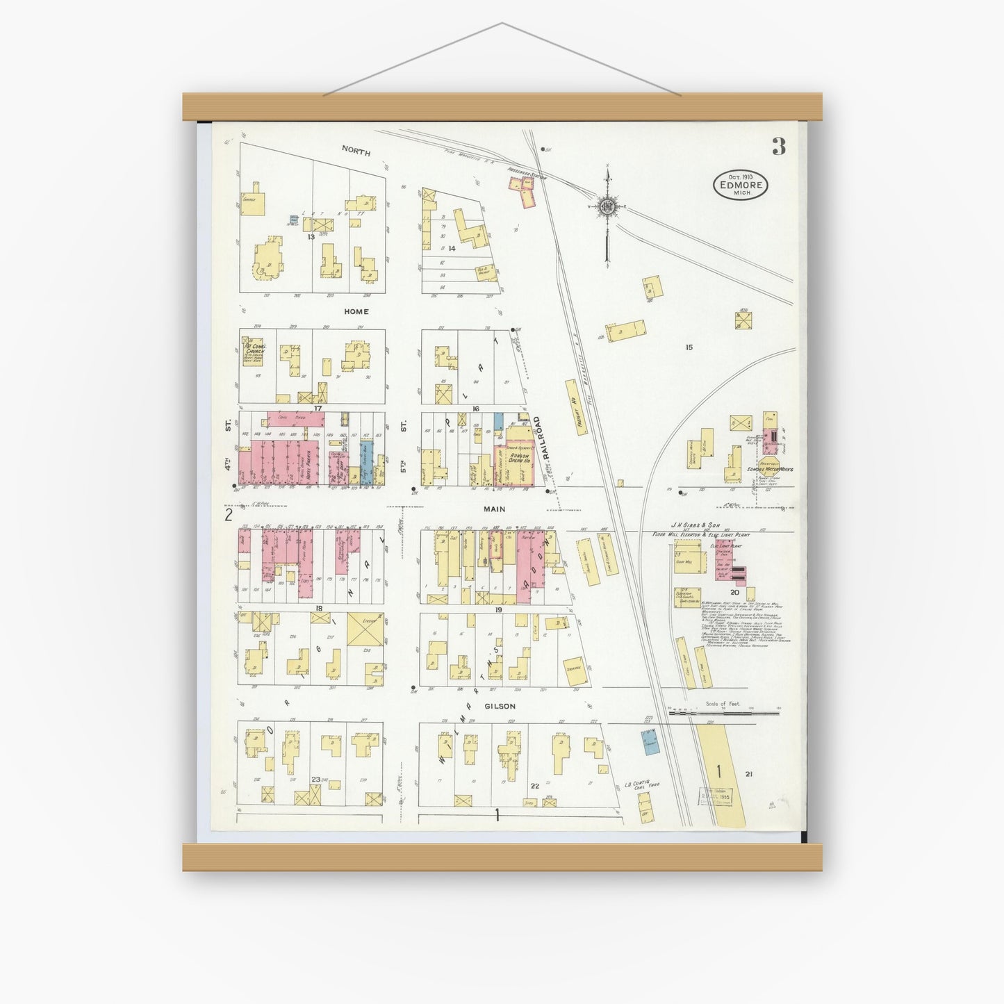 Old map wall art mockup — magnetic wood frame on white wall — Sanborn Fire Insurance Map from Edmore, Montcalm County, Michigan (1910), Sheet #0003