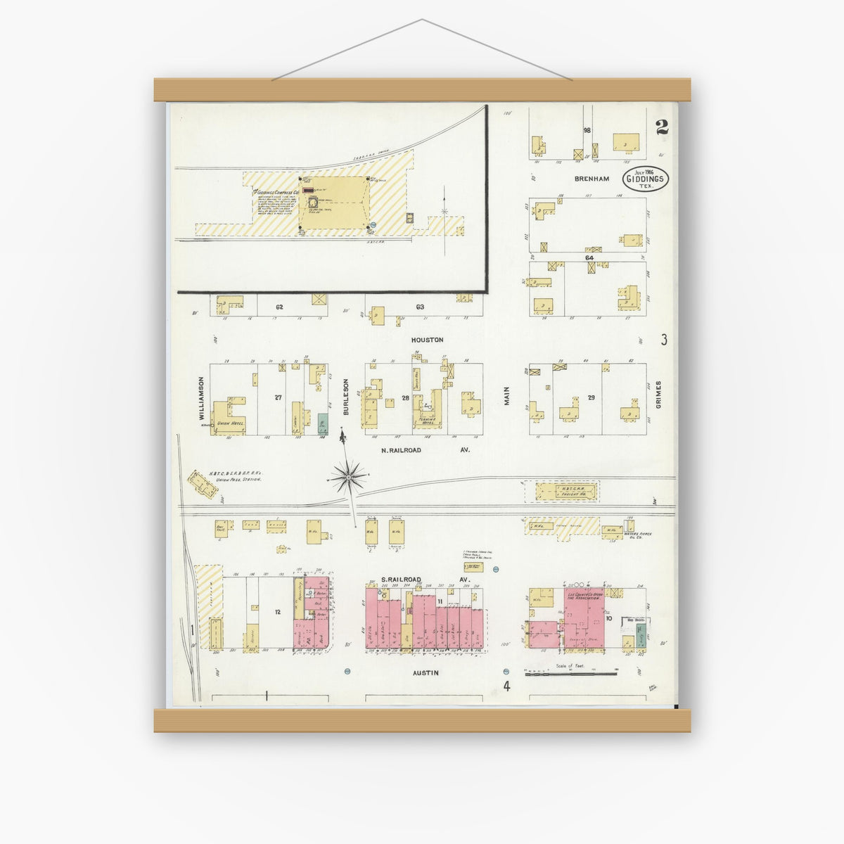 Old map wall art mockup — magnetic wood frame on white wall — Sanborn Fire Insurance Map from Giddings, Lee County, Texas (1906), Sheet #0002