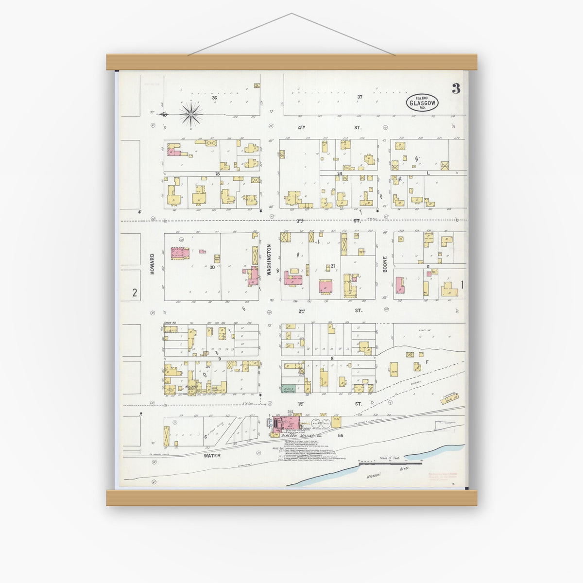 Old map wall art mockup — magnetic wood frame on white wall — Sanborn Fire Insurance Map from Glasgow, Howard County, Missouri (1900), Sheet #0003