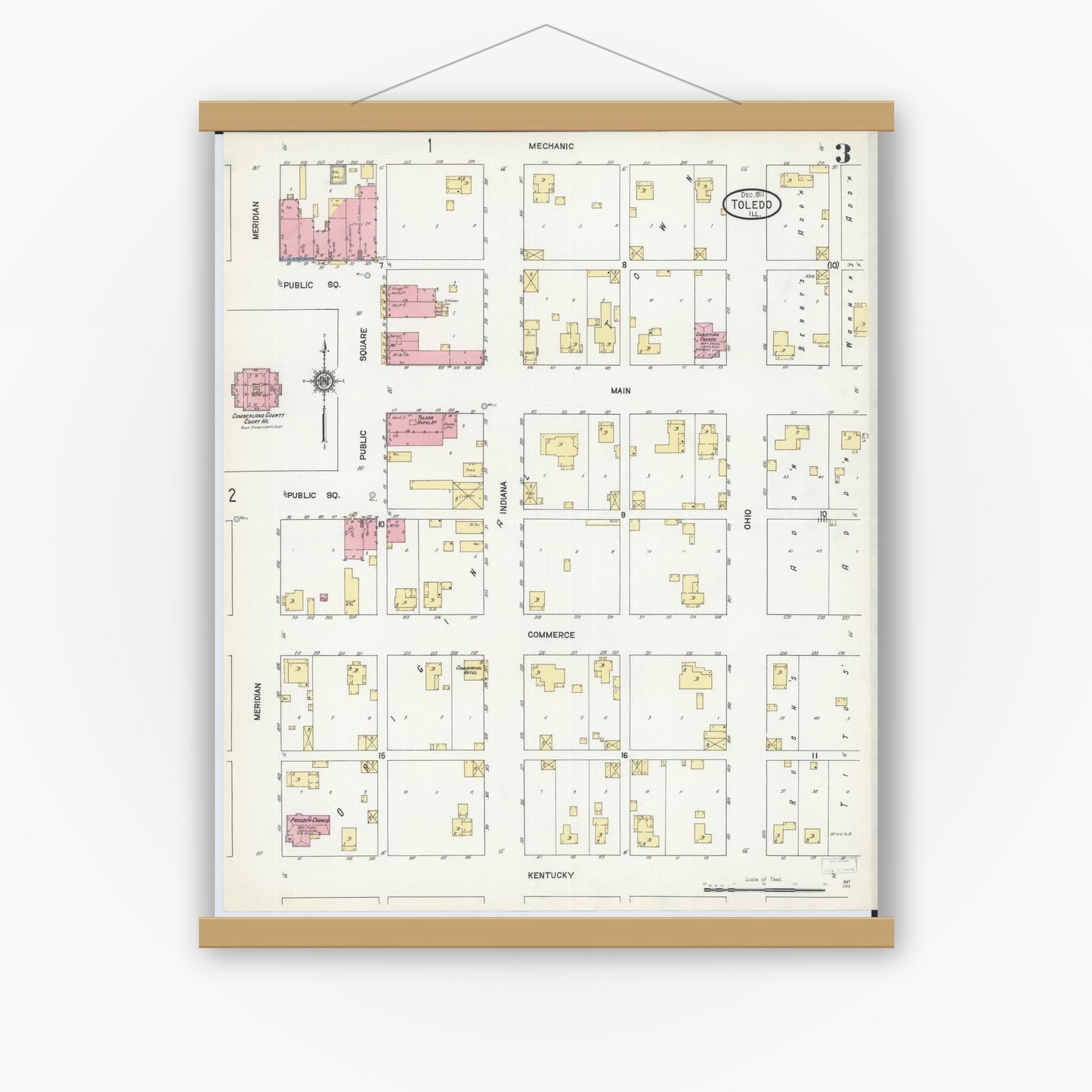 Old map wall art mockup — magnetic wood frame on white wall — Sanborn Fire Insurance Map from Toledo, Cumberland County, Illinois (1911), Sheet #0003