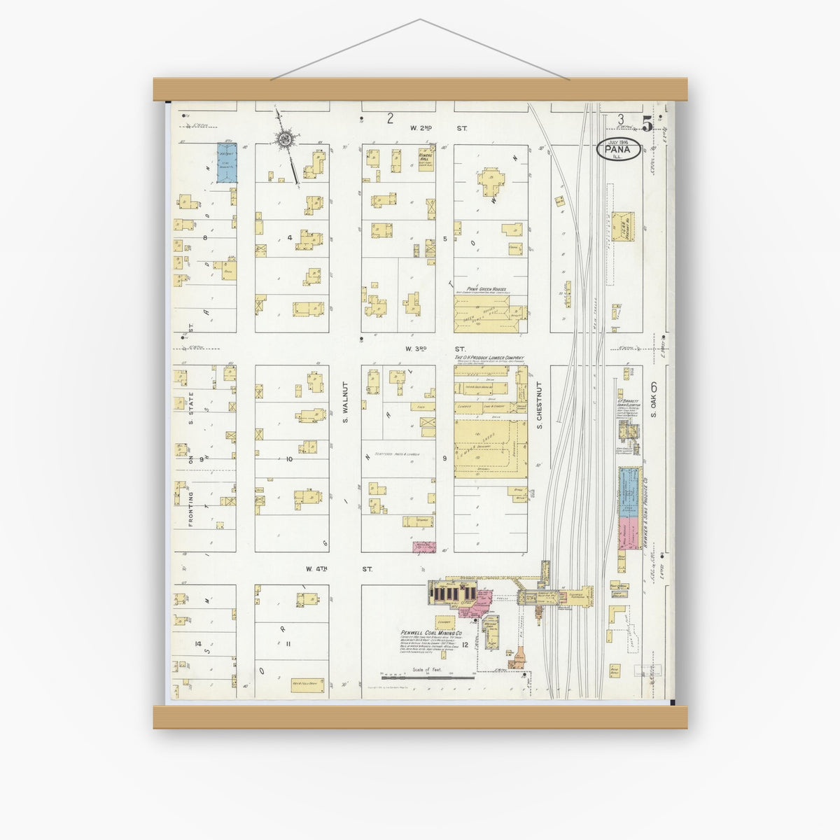 Old map wall art mockup — magnetic wood frame on white wall — Sanborn Fire Insurance Map from Pana, Christian County, Illinois (1916), Sheet #0005