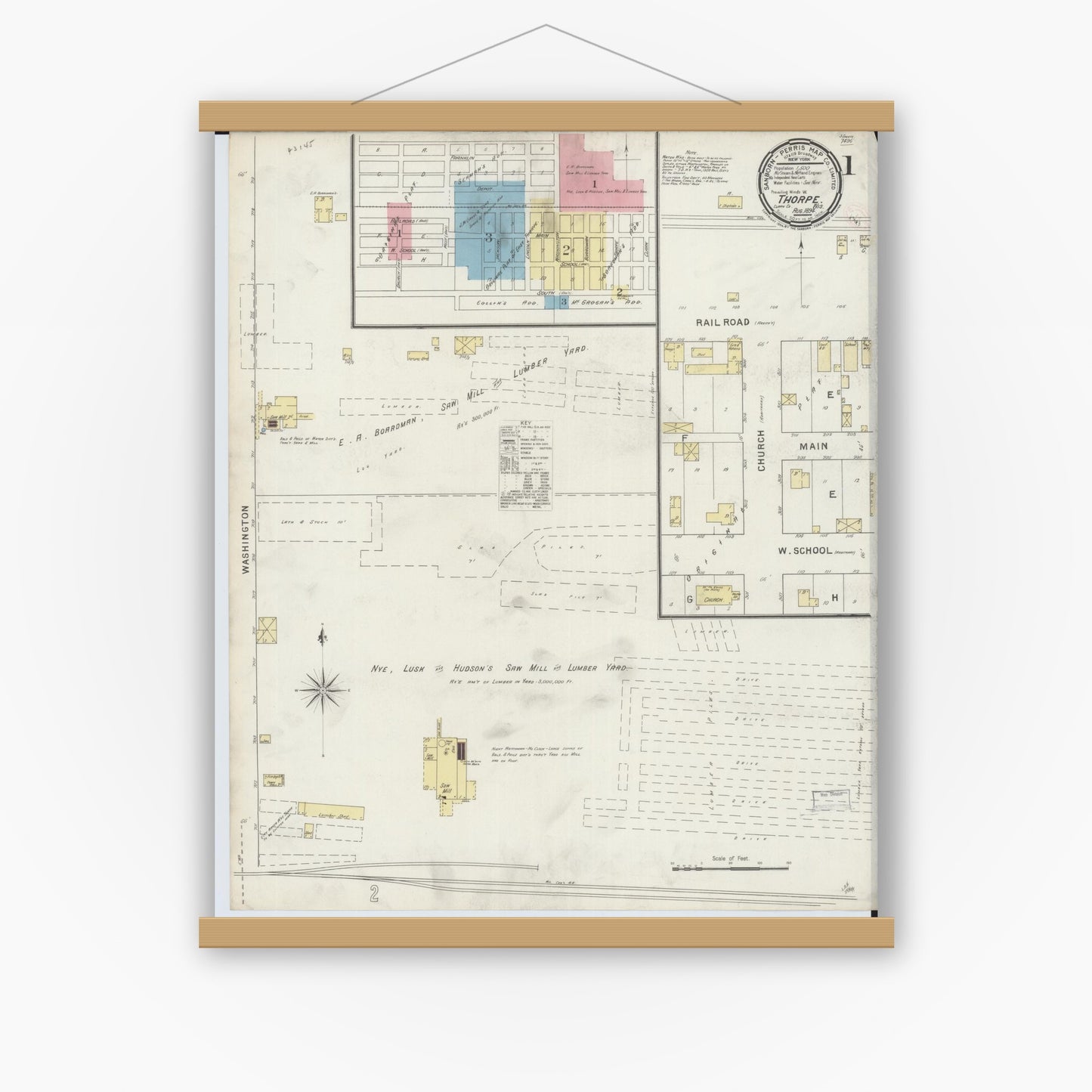 Old map wall art mockup — magnetic wood frame on white wall — Sanborn Fire Insurance Map from Thorpe, Clark County, Wisconsin (1894) - Complete Map Set
