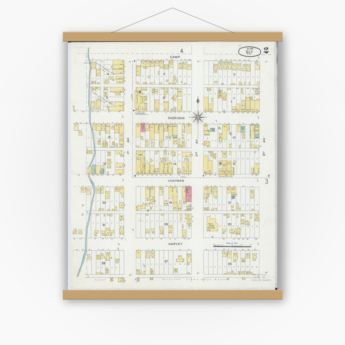 Old map wall art mockup — magnetic wood frame on white wall — Sanborn Fire Insurance Map from Ely, Saint Louis County, Minnesota (1900), Sheet #0002