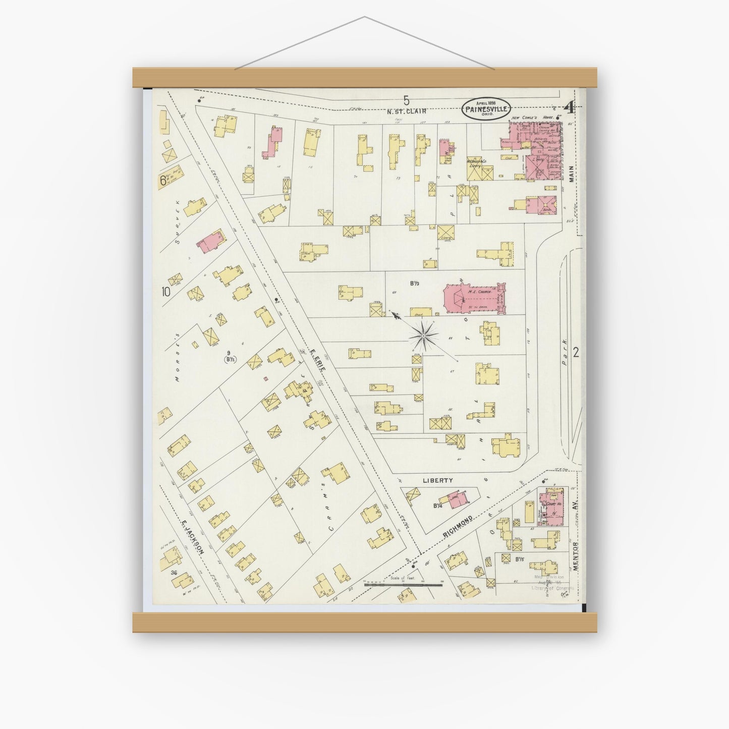 Old map wall art mockup — magnetic wood frame on white wall — Sanborn Fire Insurance Map from Painesville, Lake County, Ohio (1898), Sheet #0004