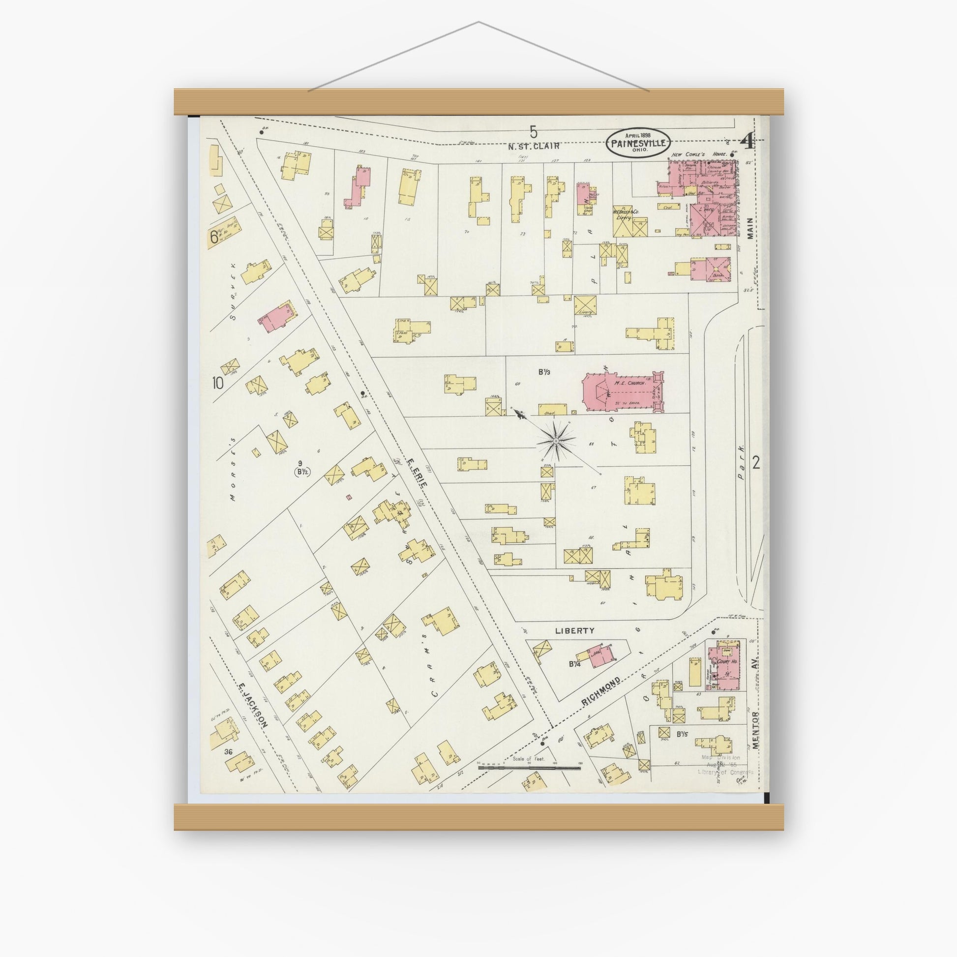 Old map wall art mockup — magnetic wood frame on white wall — Sanborn Fire Insurance Map from Painesville, Lake County, Ohio (1898), Sheet #0004