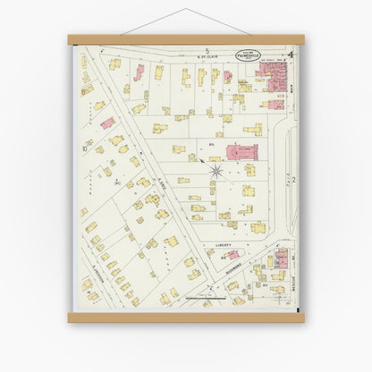 Old map wall art mockup — magnetic wood frame on white wall — Sanborn Fire Insurance Map from Painesville, Lake County, Ohio (1898), Sheet #0004