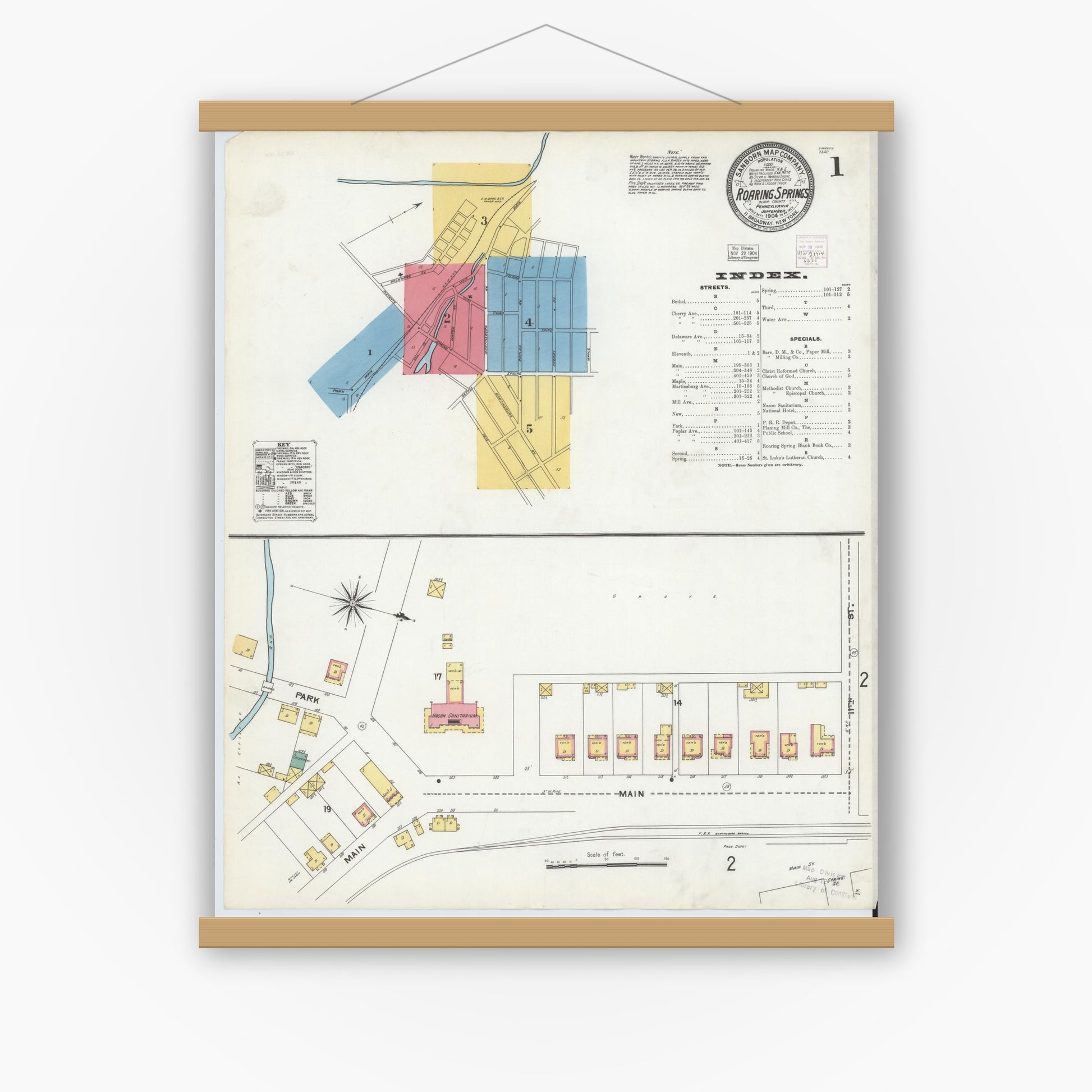 Old map wall art mockup — magnetic wood frame on white wall — Sanborn Fire Insurance Map from Roaring Spring, Blair County, Pennsylvania (1904) - Complete Map Set