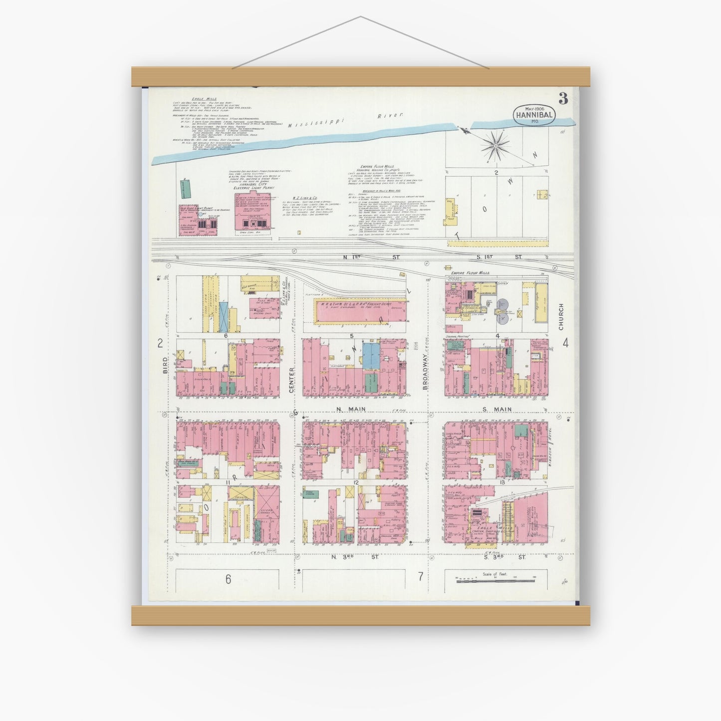Old map wall art mockup — magnetic wood frame on white wall — Sanborn Fire Insurance Map from Hannibal, Marion County, Missouri (1906), Sheet #0003