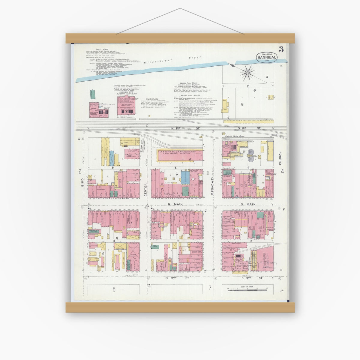 Old map wall art mockup — magnetic wood frame on white wall — Sanborn Fire Insurance Map from Hannibal, Marion County, Missouri (1906), Sheet #0003