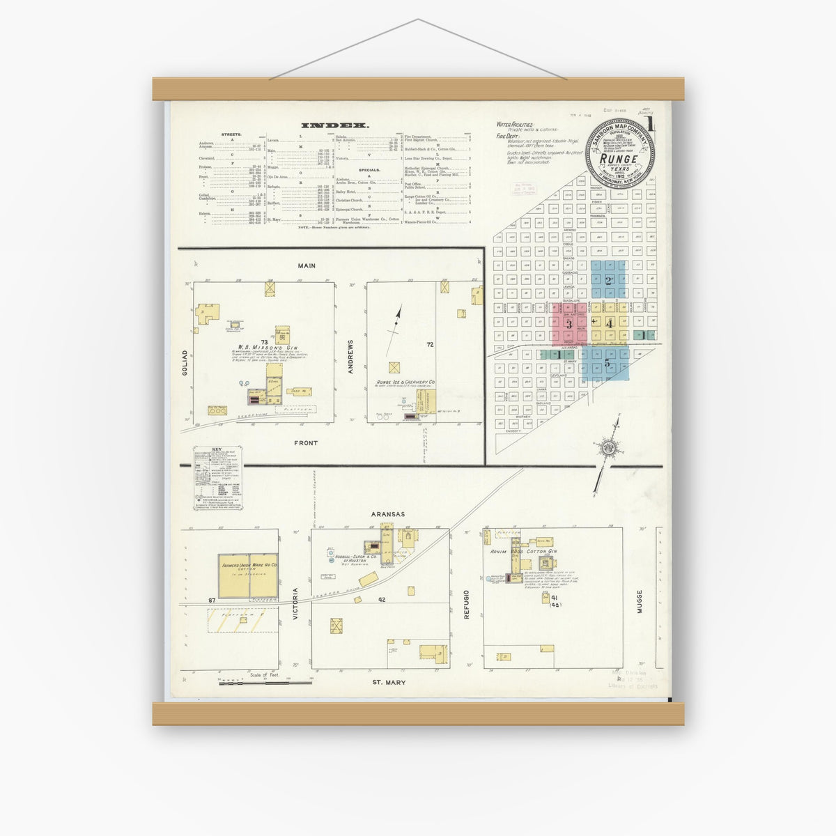 Old map wall art mockup — magnetic wood frame on white wall — Sanborn Fire Insurance Map from Runge, Karnes County, Texas (1912), Sheet #0001