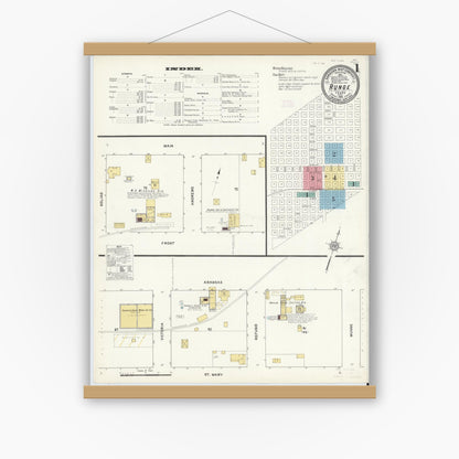 Old map wall art mockup — magnetic wood frame on white wall — Sanborn Fire Insurance Map from Runge, Karnes County, Texas (1912), Sheet #0001