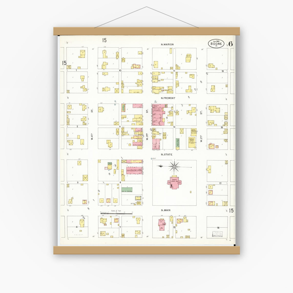 Old map wall art mockup — magnetic wood frame on white wall — Sanborn Fire Insurance Map from Boone, Boone County, Iowa (1900), Sheet #0006