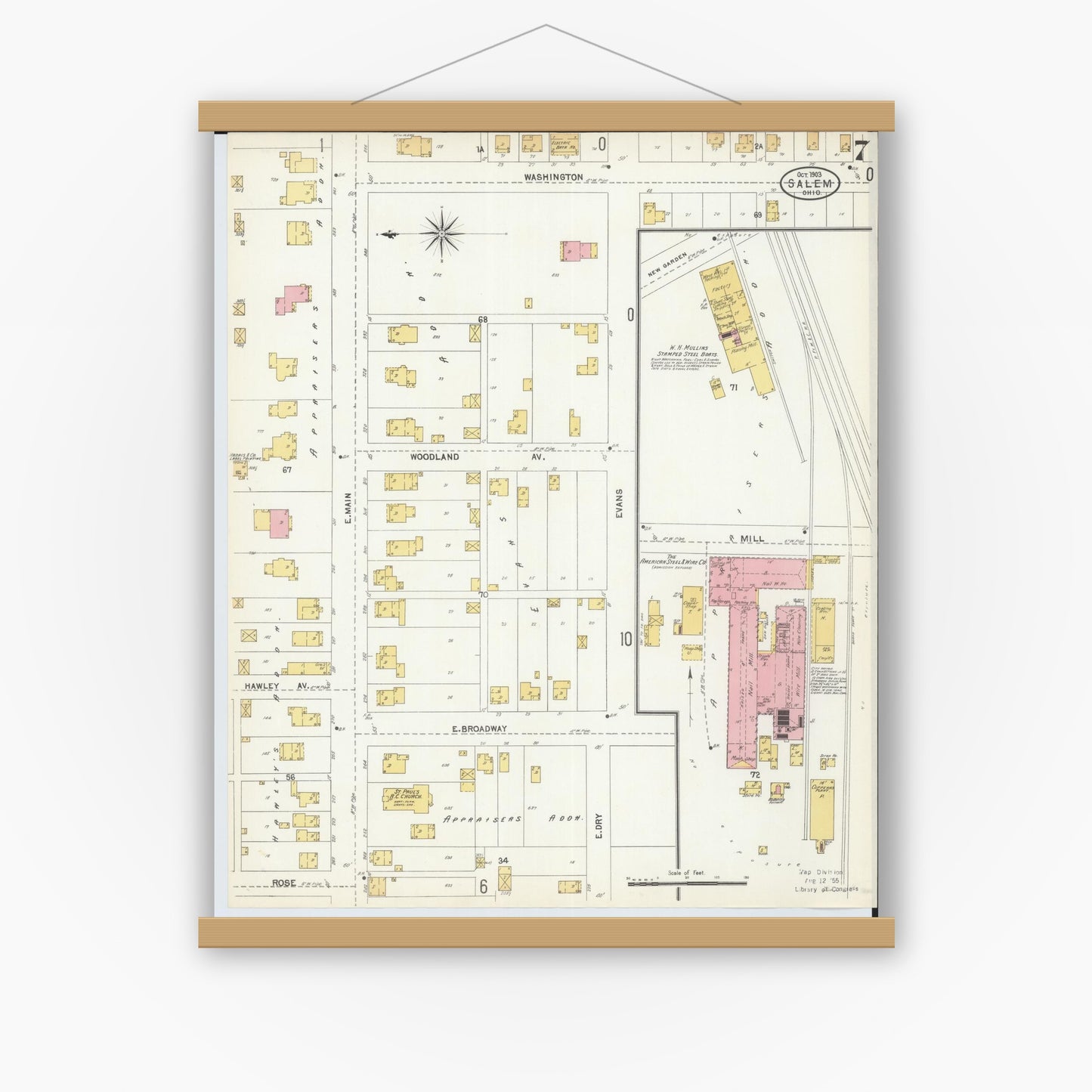 Old map wall art mockup — magnetic wood frame on white wall — Sanborn Fire Insurance Map from Salem, Columbiana County, Ohio (1903), Sheet #0007