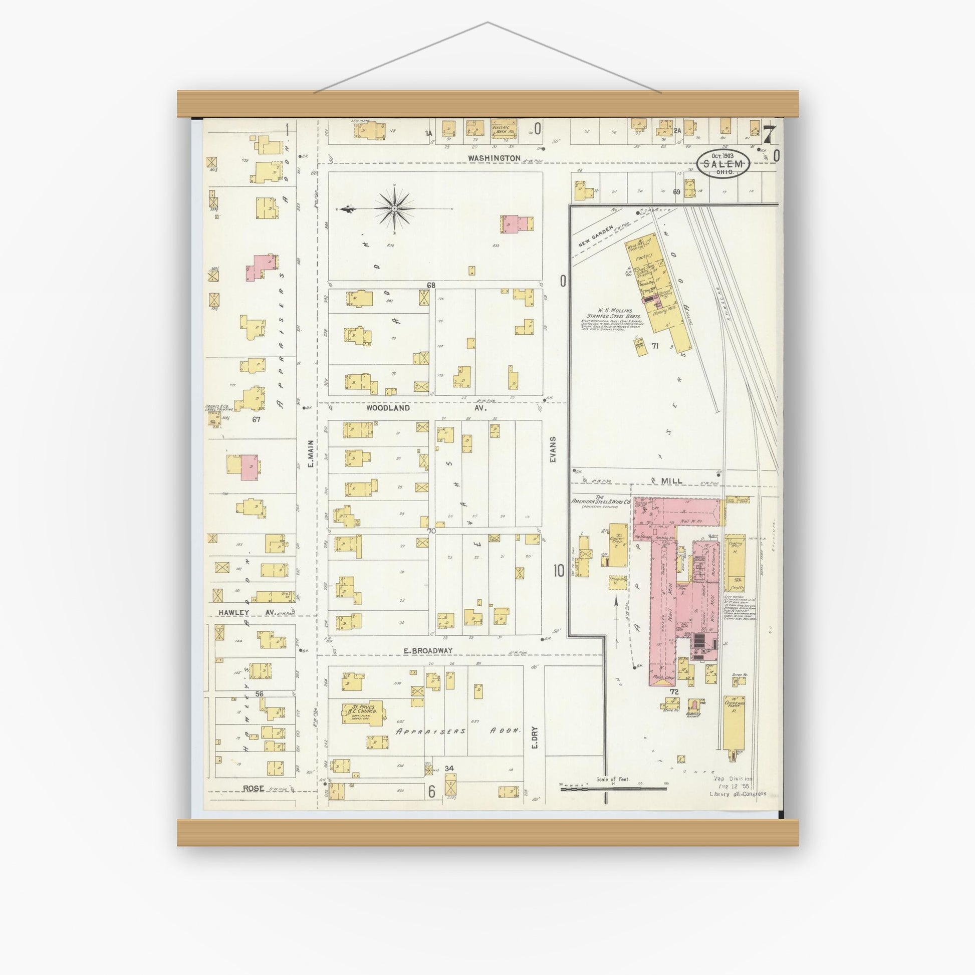 Old map wall art mockup — magnetic wood frame on white wall — Sanborn Fire Insurance Map from Salem, Columbiana County, Ohio (1903), Sheet #0007
