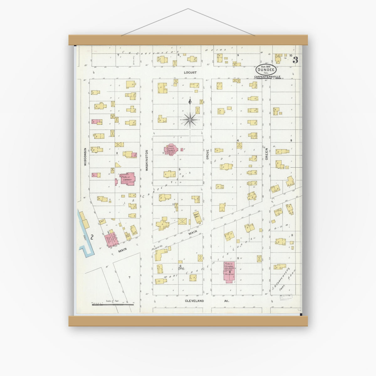 Old map wall art mockup — magnetic wood frame on white wall — Sanborn Fire Insurance Map from Dundee, Kane County, Illinois (1905), Sheet #0003