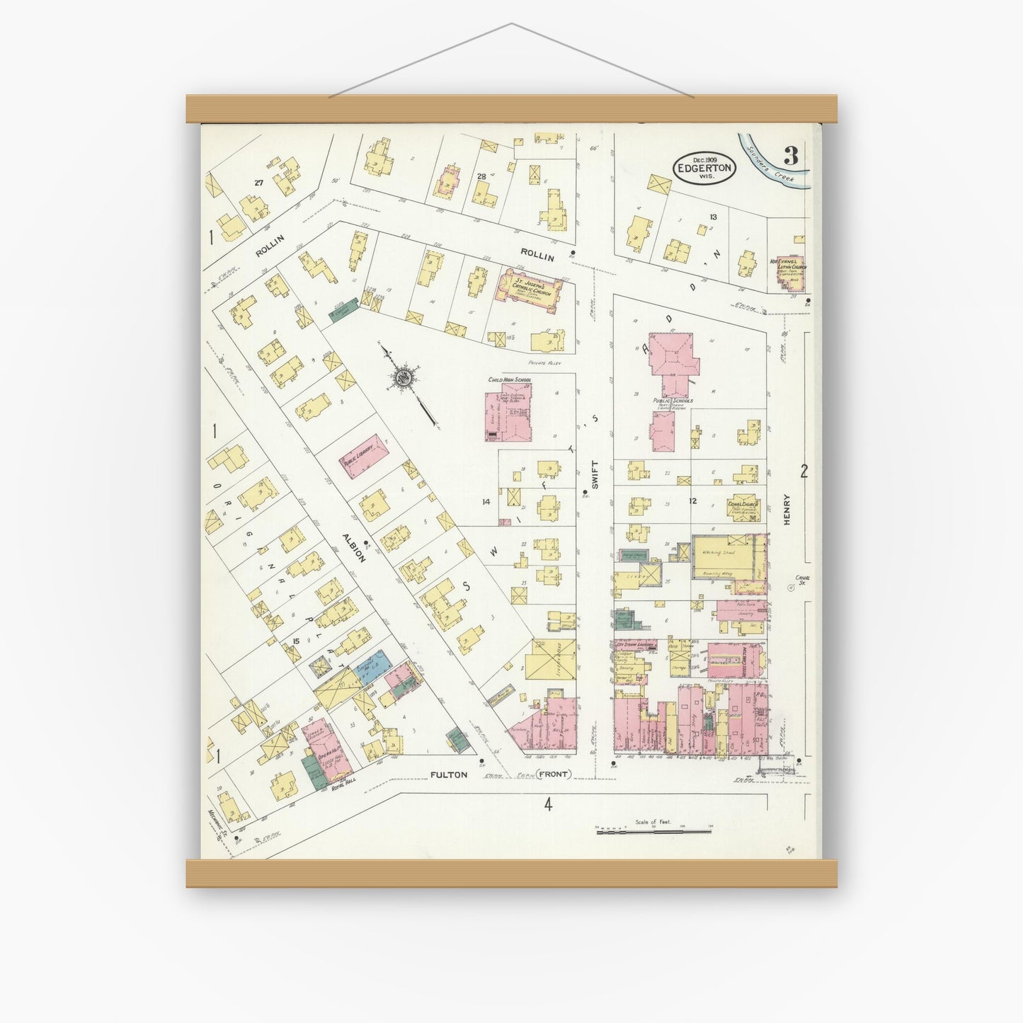 Old map wall art mockup — magnetic wood frame on white wall — Sanborn Fire Insurance Map from Edgerton, Rock County, Wisconsin (1909), Sheet #0003