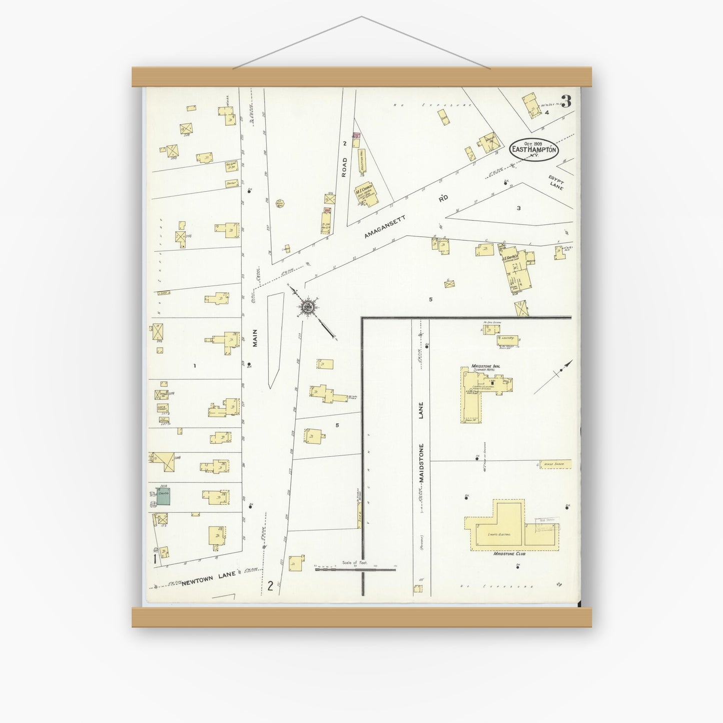 Old map wall art mockup — magnetic wood frame on white wall — Sanborn Fire Insurance Map from Easthampton, Suffolk County, New York (1909), Sheet #0003