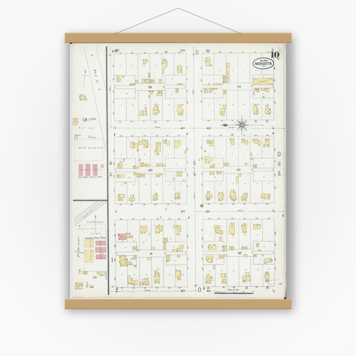 Old map wall art mockup — magnetic wood frame on white wall — Sanborn Fire Insurance Map from Mendota, La Salle County, Illinois (1902), Sheet #0010