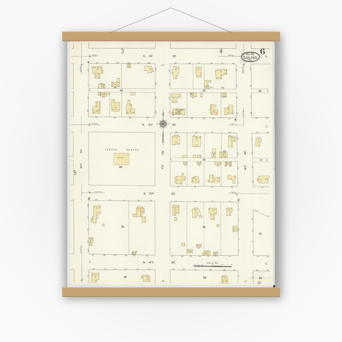 Old map wall art mockup — magnetic wood frame on white wall — Sanborn Fire Insurance Map from Luling, Caldwell County, Texas (1912), Sheet #0006