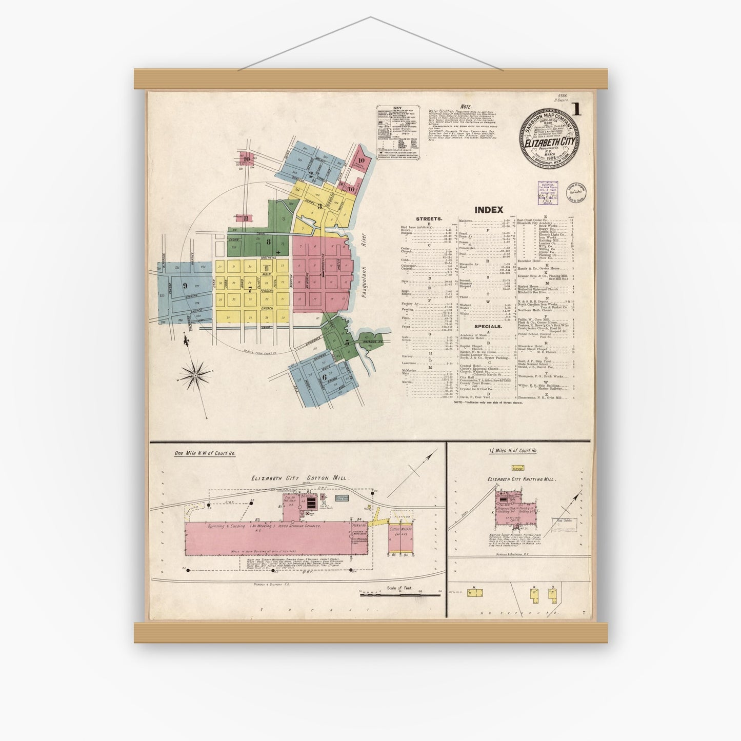 Old map wall art mockup — magnetic wood frame on white wall — Sanborn Fire Insurance Map from Elizabeth City, Pasquotank County, North Carolina (1902), Sheet #0001