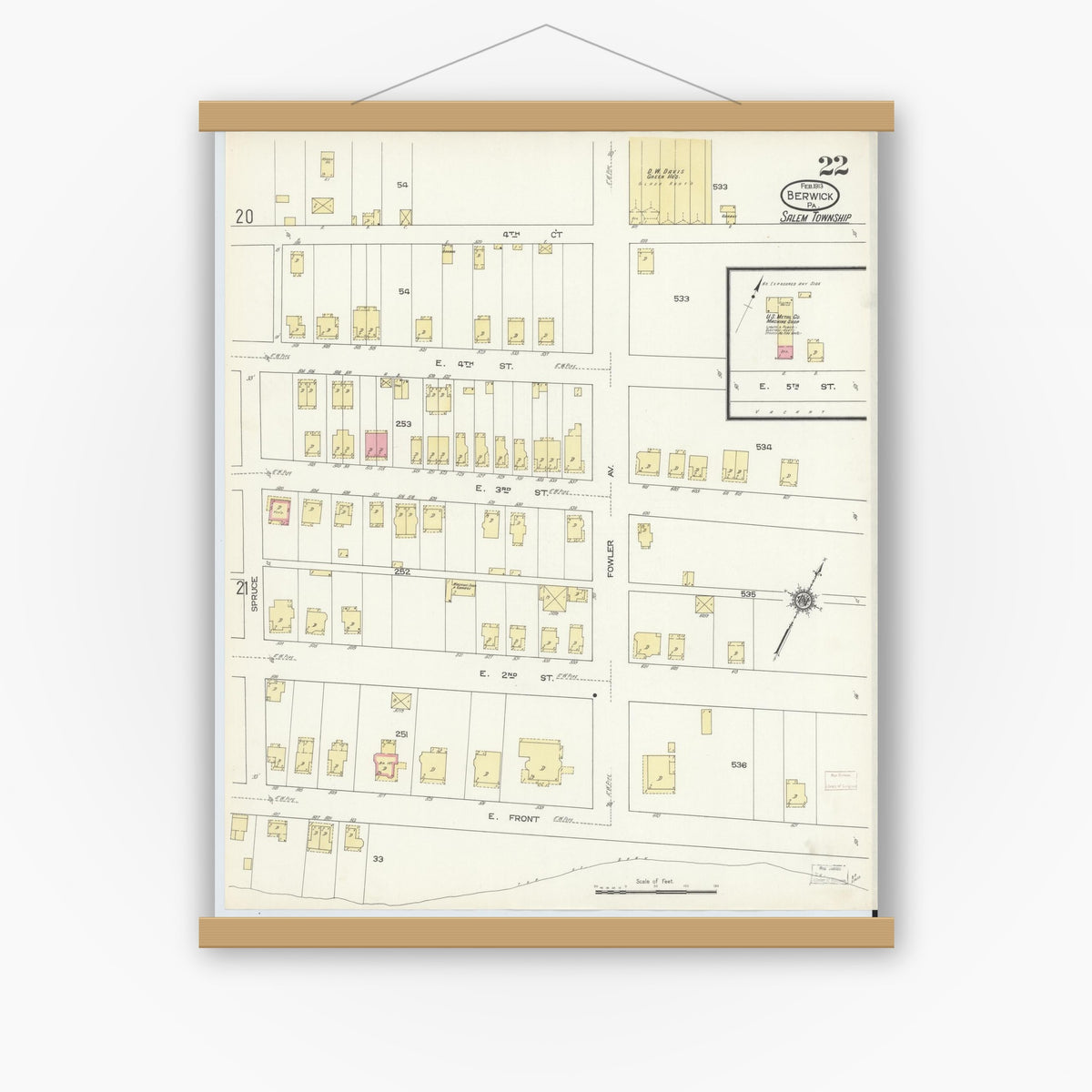 Old map wall art mockup — magnetic wood frame on white wall — Sanborn Fire Insurance Map from Berwick, Columbia County, Pennsylvania (1913), Sheet #0022