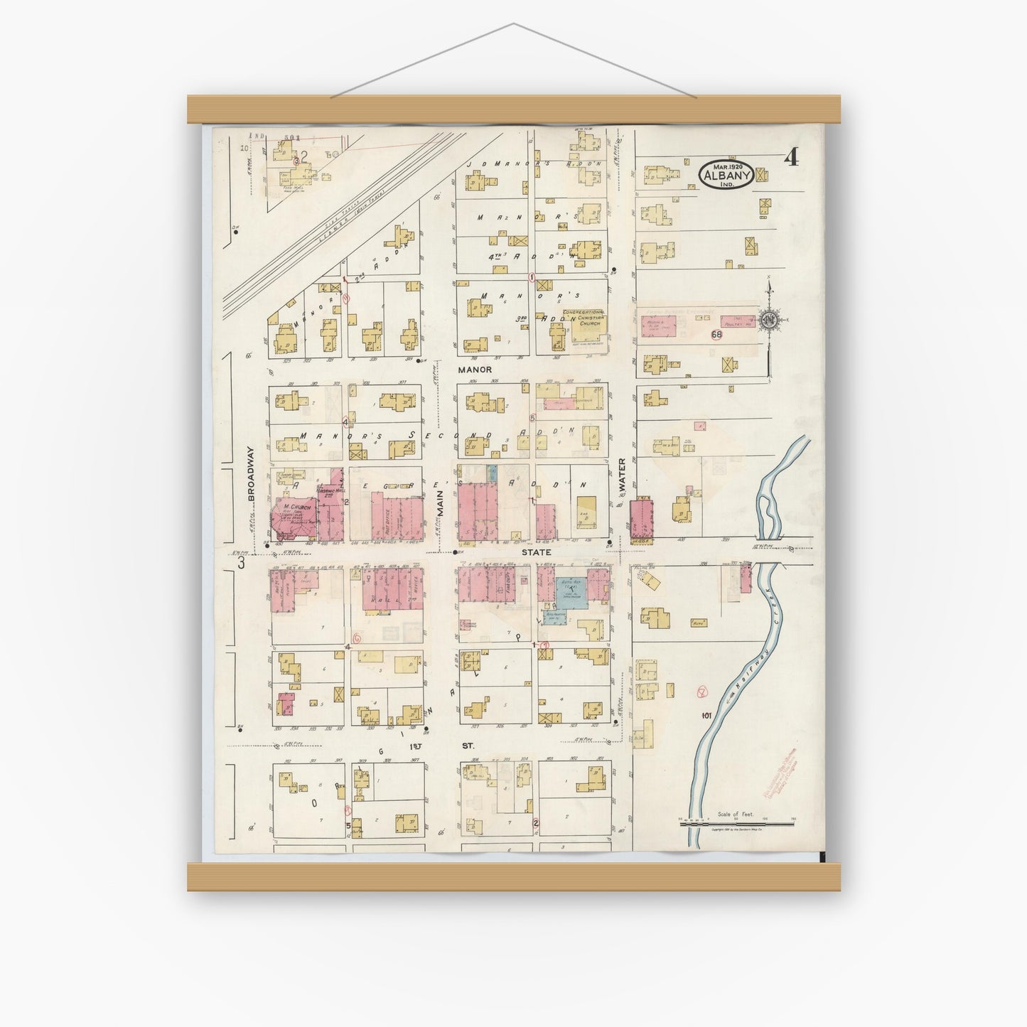 Old map wall art mockup — magnetic wood frame on white wall — Sanborn Fire Insurance Map from Albany, Delaware County, Indiana (1943), Sheet #0004