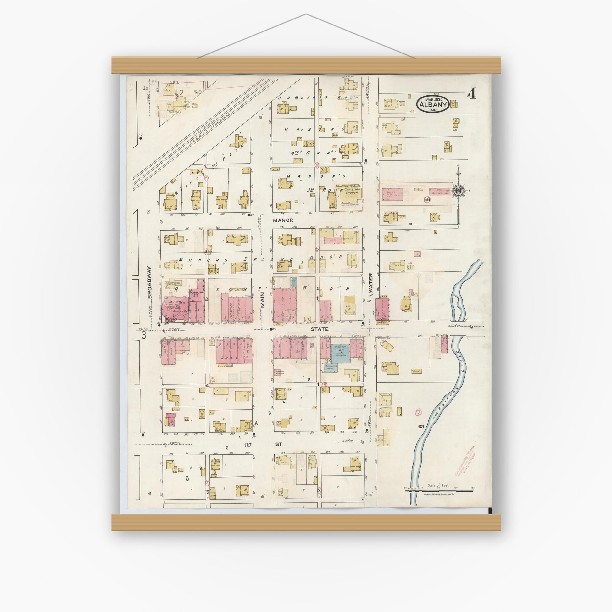 Old map wall art mockup — magnetic wood frame on white wall — Sanborn Fire Insurance Map from Albany, Delaware County, Indiana (1943), Sheet #0004