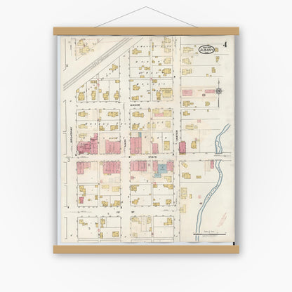 Old map wall art mockup — magnetic wood frame on white wall — Sanborn Fire Insurance Map from Albany, Delaware County, Indiana (1943), Sheet #0004