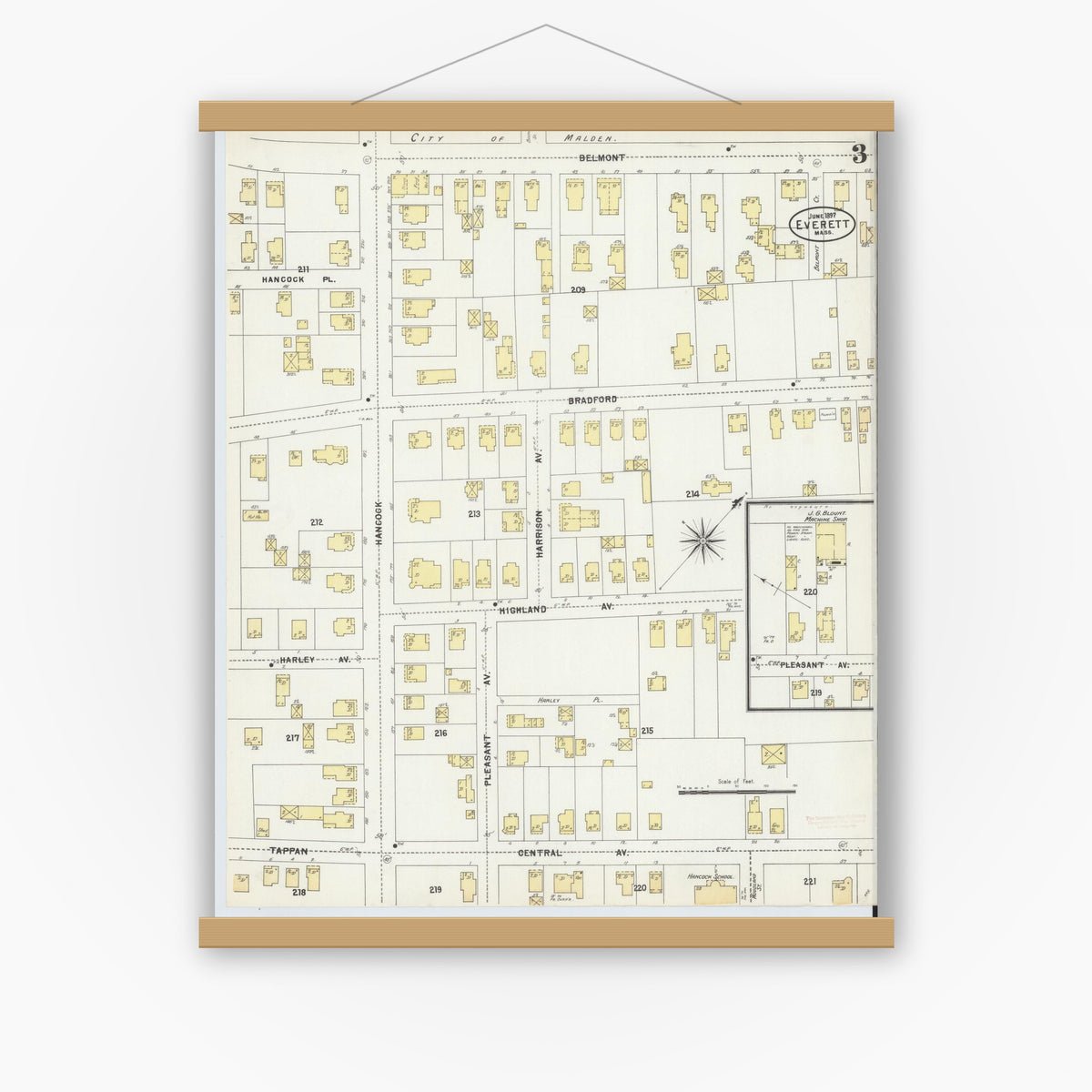 Old map wall art mockup — magnetic wood frame on white wall — Sanborn Fire Insurance Map from Everett, Middlesex County, Massachusetts (1897), Sheet #0003