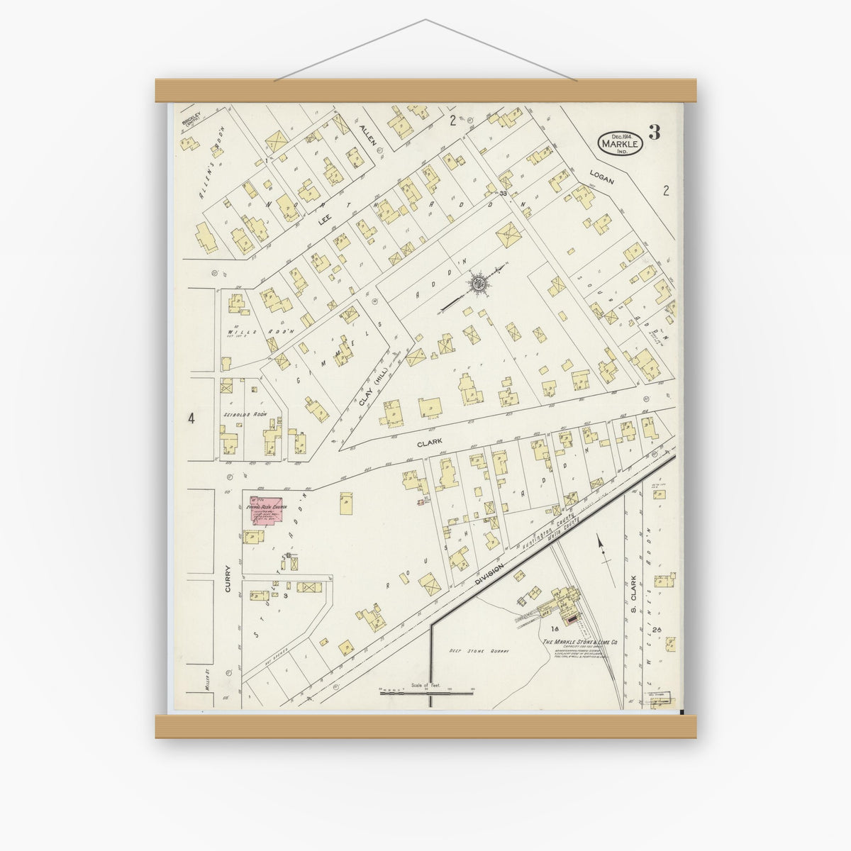 Old map wall art mockup — magnetic wood frame on white wall — Sanborn Fire Insurance Map from Markle, Huntington County, Indiana (1914), Sheet #0003