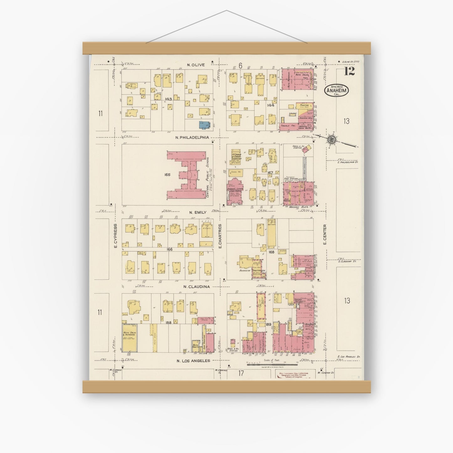 Old map wall art mockup — magnetic wood frame on white wall — Sanborn Fire Insurance Map from Anaheim, Orange County, California (1922), Sheet #0012