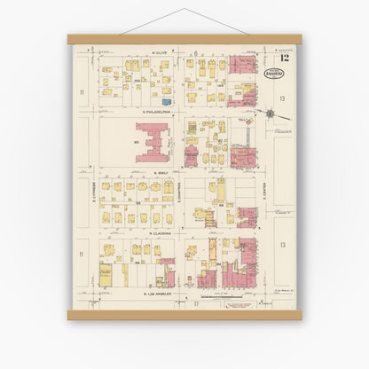 Old map wall art mockup — magnetic wood frame on white wall — Sanborn Fire Insurance Map from Anaheim, Orange County, California (1922), Sheet #0012