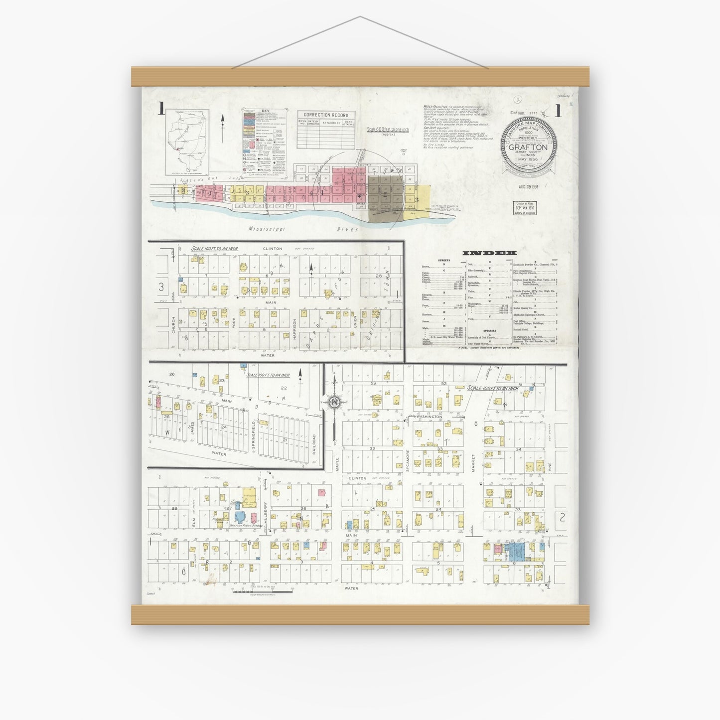 Old map wall art mockup — magnetic wood frame on white wall — Sanborn Fire Insurance Map from Grafton, Jersey County, Illinois (1936), Sheet #0001