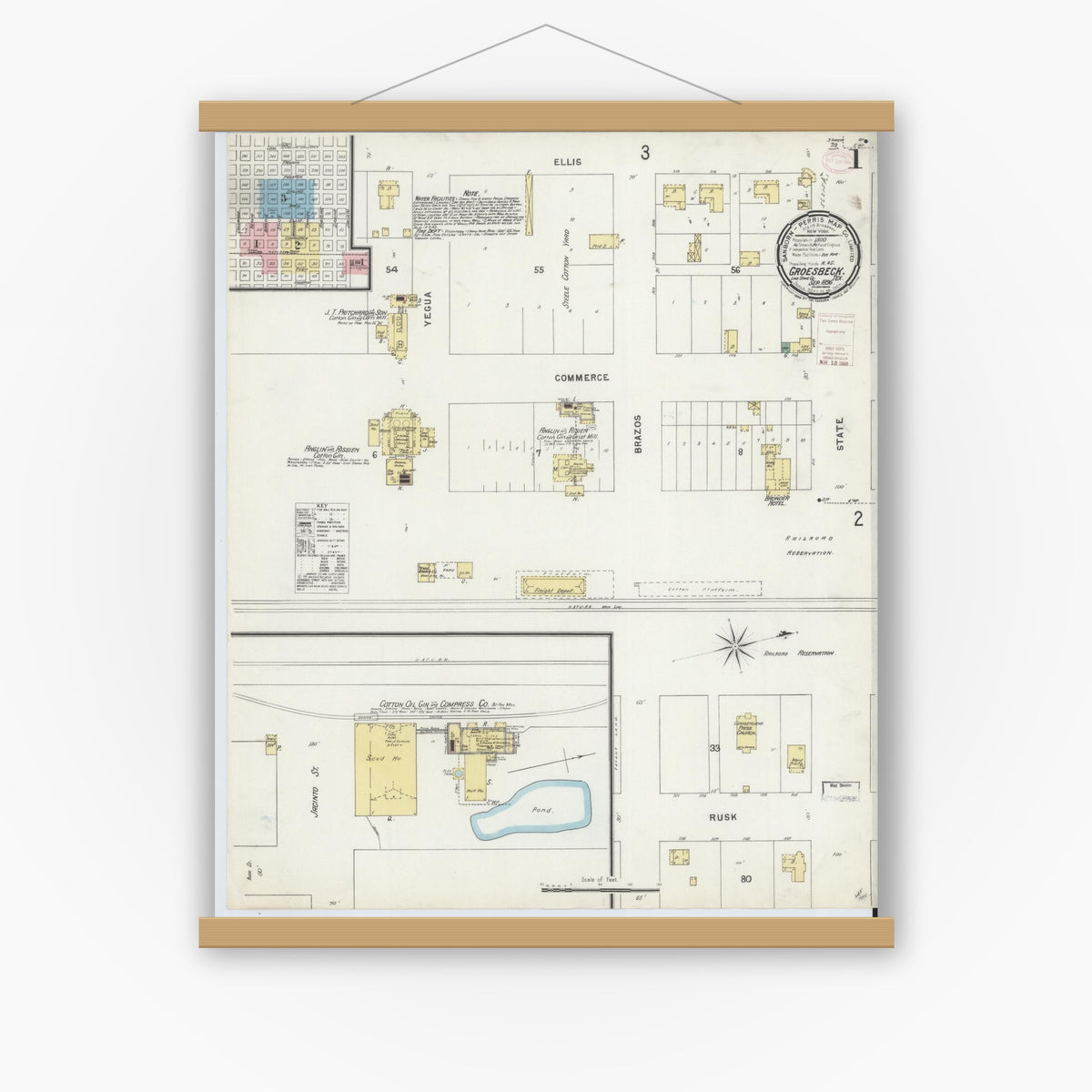 Old map wall art mockup — magnetic wood frame on white wall — Sanborn Fire Insurance Map from Groesbeck, Limestone County, Texas (1896), Sheet #0001