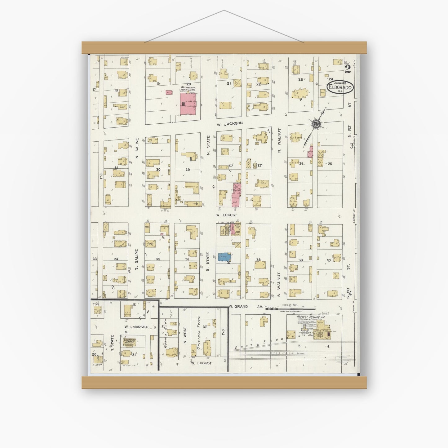 Old map wall art mockup — magnetic wood frame on white wall — Sanborn Fire Insurance Map from Eldorado, Saline County, Illinois (1919), Sheet #0002