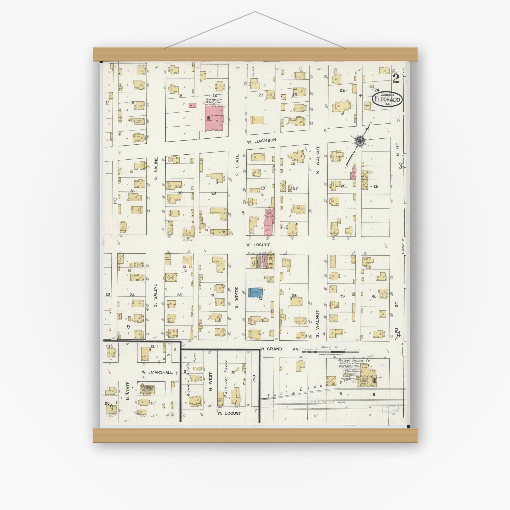 Old map wall art mockup — magnetic wood frame on white wall — Sanborn Fire Insurance Map from Eldorado, Saline County, Illinois (1919), Sheet #0002