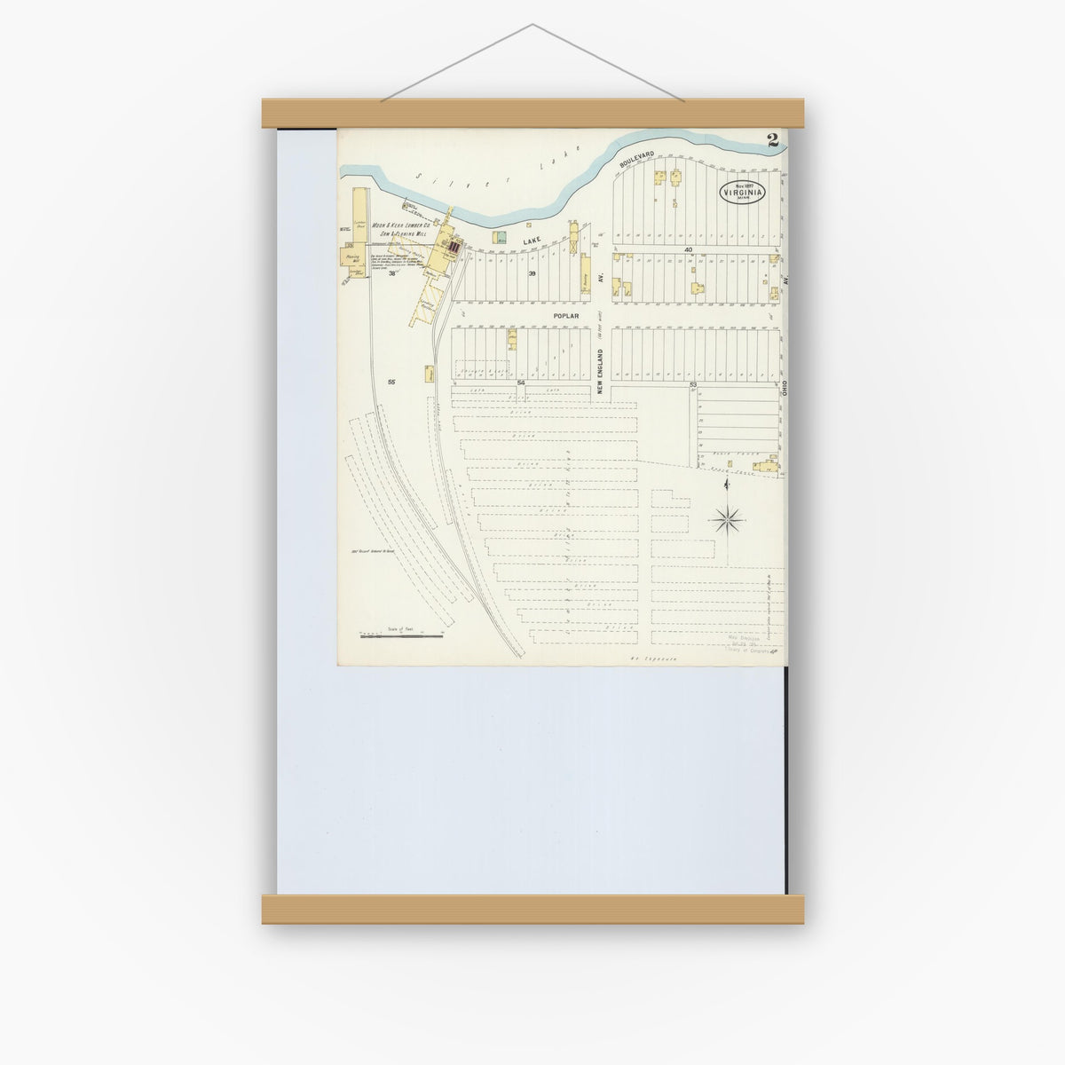 Old map wall art mockup — magnetic wood frame on white wall — Sanborn Fire Insurance Map from Virginia, Saint Louis County, Minnesota (1897), Sheet #0002