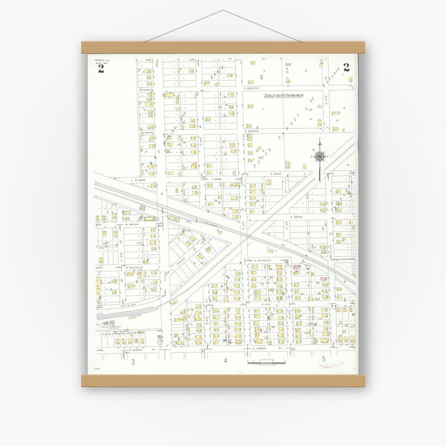 Old map wall art mockup — magnetic wood frame on white wall — Sanborn Fire Insurance Map from Herrin, Williamson County, Illinois (1941), Sheet #0002