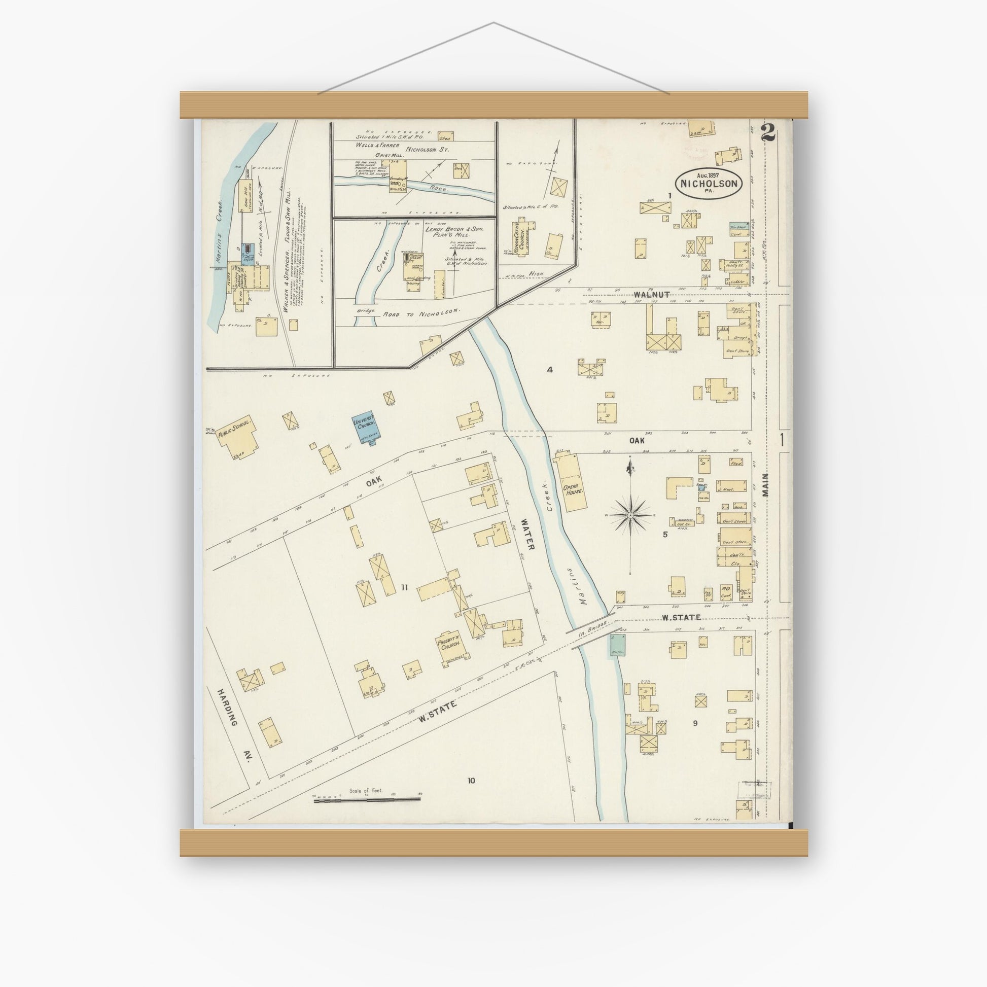 Old map wall art mockup — magnetic wood frame on white wall — Sanborn Fire Insurance Map from Nicholson, Wyoming County, Pennsylvania (1897), Sheet #0002