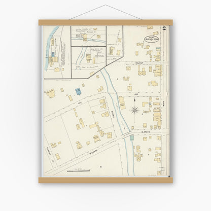 Old map wall art mockup — magnetic wood frame on white wall — Sanborn Fire Insurance Map from Nicholson, Wyoming County, Pennsylvania (1897), Sheet #0002