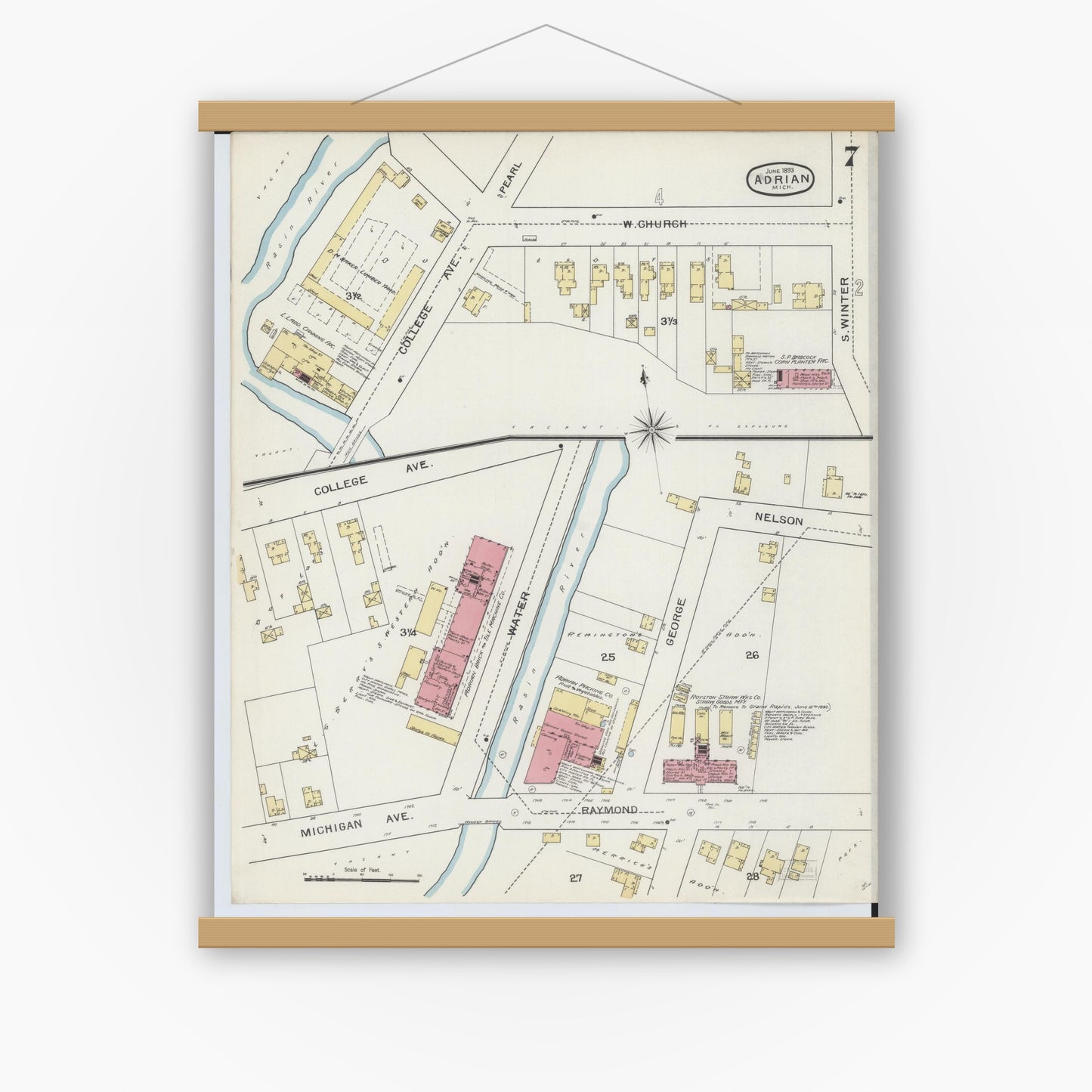 Old map wall art mockup — magnetic wood frame on white wall — Sanborn Fire Insurance Map from Adrian, Lenawee County, Michigan (1893), Sheet #0007