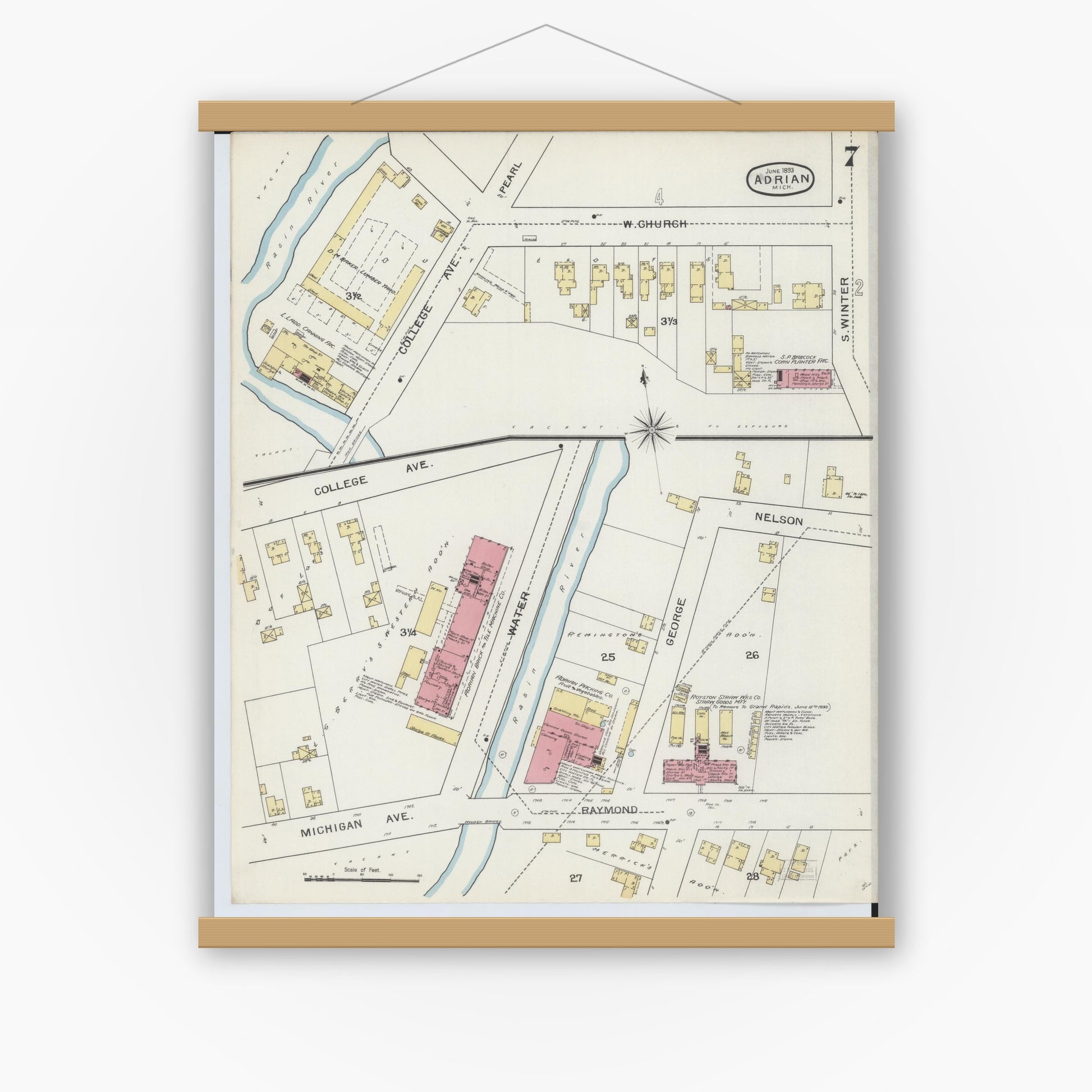 Old map wall art mockup — magnetic wood frame on white wall — Sanborn Fire Insurance Map from Adrian, Lenawee County, Michigan (1893), Sheet #0007