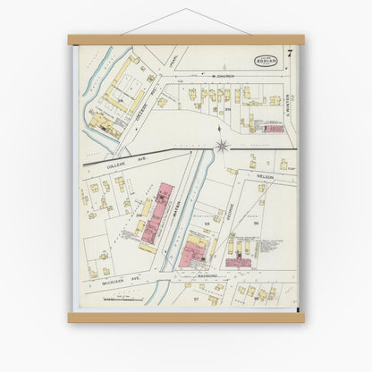 Old map wall art mockup — magnetic wood frame on white wall — Sanborn Fire Insurance Map from Adrian, Lenawee County, Michigan (1893), Sheet #0007