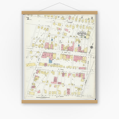Old map wall art mockup — magnetic wood frame on white wall — Sanborn Fire Insurance Map from Newcomerstown, Tuscarawas County, Ohio (1924), Sheet #0002